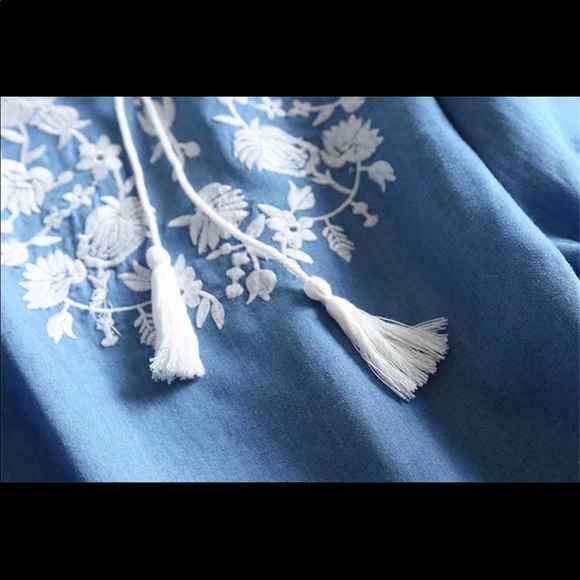 Embroidered Denim Chambray Shirt Blue Boho - Picture 3 of 4